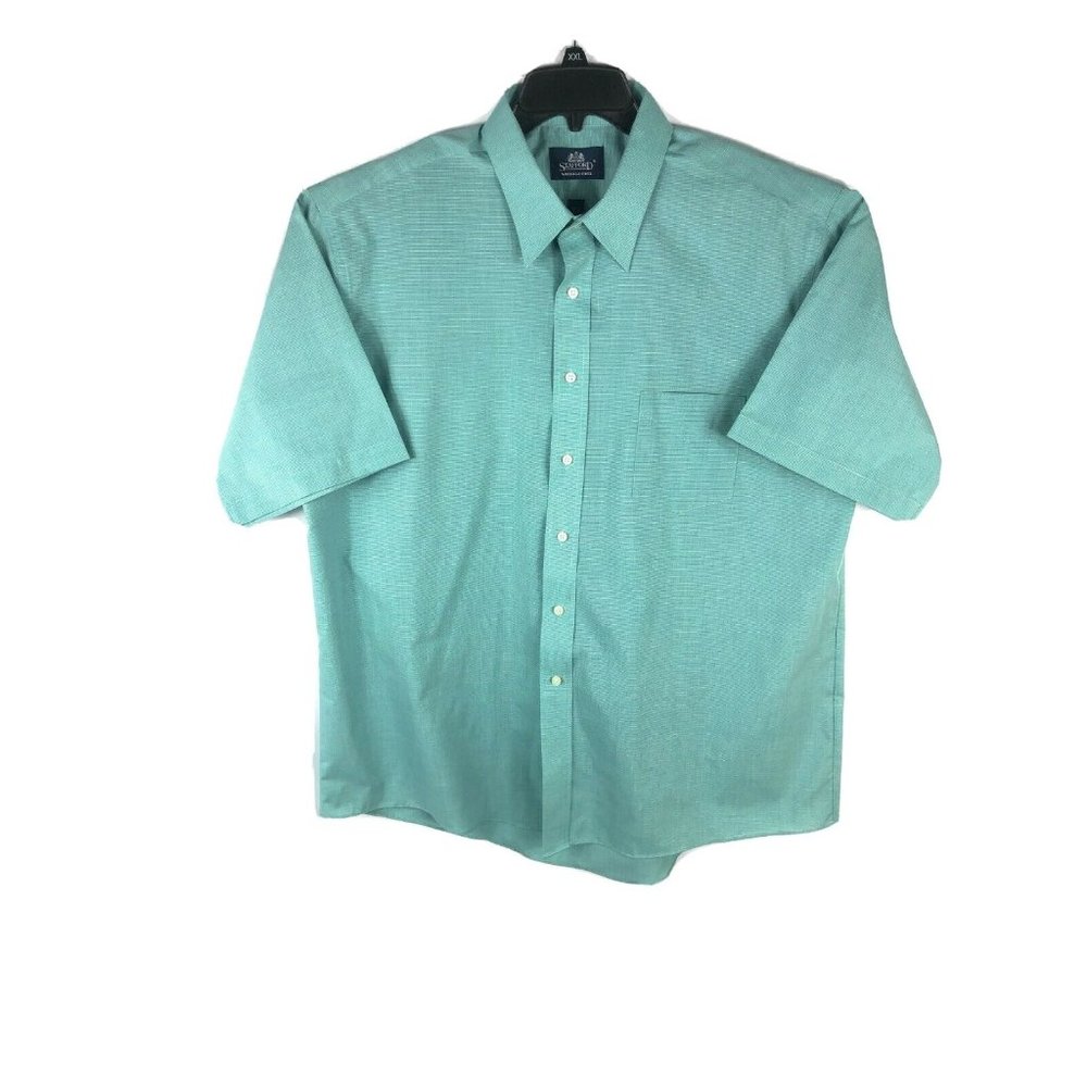 Stafford Wrinkle Free  Men's XL Short Sleeve Button Green Cotton Blend Shirt A21